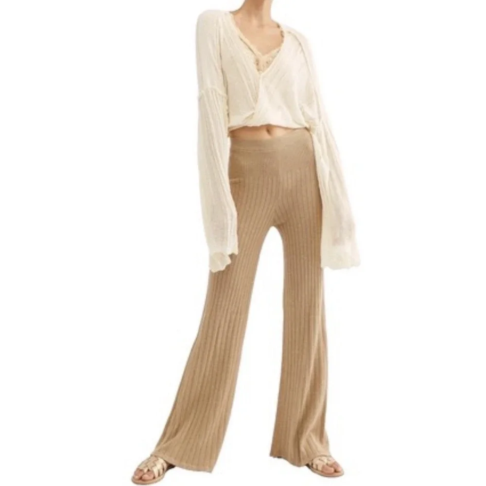 Free People Keep It Real Flare Ribbed Knit Pants Beige Stretch Retro Boho M